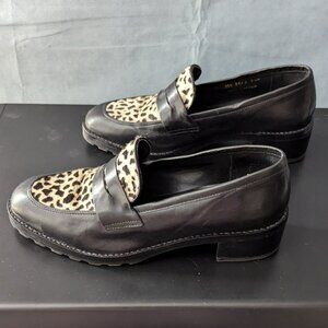 Y2K Franco Sarto Women's Edith Leather Black and Leopard Heeled Loafer US7.5M
